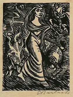 Stylized depiction of Lilith, shown with long hair covering her bare breasts, wearing a long skirt. Unidentified animalistic figures surround her.