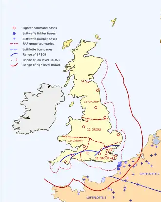 A map of Great Britain showing the range of its radar. The ranges reach out into the North Sea, English Channel and over northern France