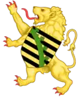 Leo Belgicus with the coat of arms of the Royal house of Saxe-Coburg and Gotha.