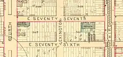 Map of the block and immediate environs, showing the building's footprint, which covers only a small portion of the block