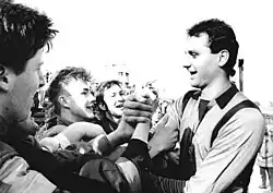 Rudwaleit with supporters of BFC Dynamo after the successful 1988–89 FDGB-Pokal final at the Stadion der Weltjugend on 1 April 1989.