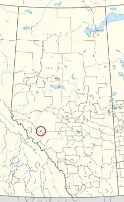 A map of the province of Alberta showing 80 counties and 145 small Indian reserves. One is highlighted with a red circle.