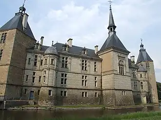 Closeup of the Neo-Renaissance facade of the castle