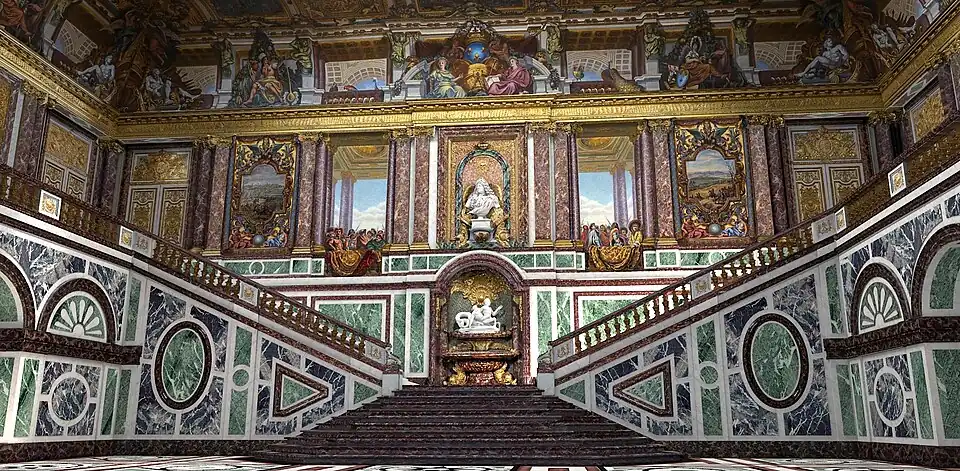 Baroque – Escalier des Ambassadeurs of the Palace of Versailles, Versailles, France, by François d'Orbay and Charles Le Brun, 1674–1679, demolished in 1752 under Louis XV[33]