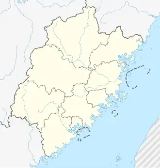 Map of Fujian and adjacent areas, with markers for the locations of Hokkien varieties