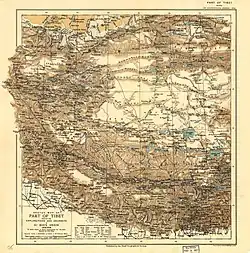 Map of the expeditions of Sven Hedin (1906–8) including Rutog (labeled as Rudok) (RGS, early 20th century)