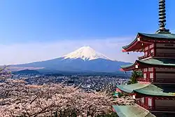 Perfectly shaped volcano with the upper half covered in snow.