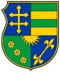 A coat of arms depicting stripes, a double cross, roses and sun
