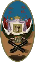 Coat of arms of Moldavia, c. 1812. As supporters, flags which Sultan Mahmud II (r. 1808–1839) may have granted to Scarlat Callimachi (r. 1806–1819).