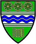 Cottices can be doubled. Vert, on a fess doubly cottised argent, two bars wavy azure, between in chief three railway wheels and in base a portcullis of the second chained or