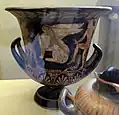 Red-figure chalice krater, sphinx among satyrs dancing and playing the lyre, 5th century. B.C. tomb V necropolis of Poggio Sommavilla, Archaeological Museum of Parma