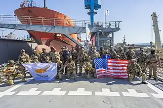 Soldiers of the Cypriot Special Forces and US Navy SEALs after a military exercise.
