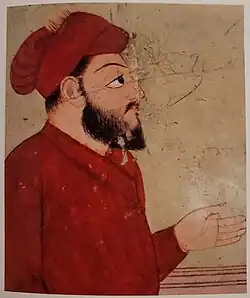 Detail of Ram Rai from a mural depicting Guru Nanak and Ram Rai listening to hymns together under a tree from the Bhai Bahlo Darwaza of the Darbar of Ram Rai in Dehradun, circa pre-1688