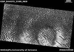 Hagal dune field black and white image, map–projected, with distance scale