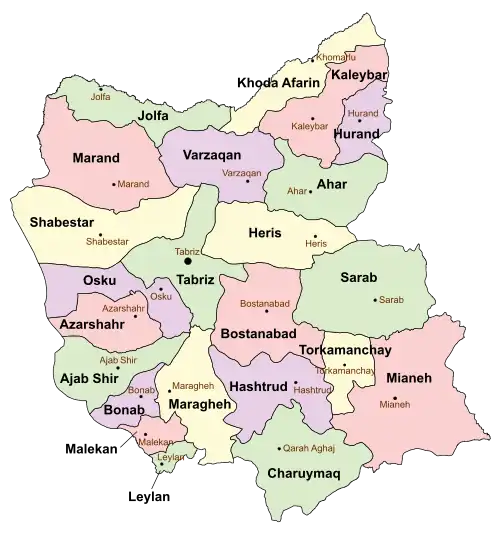 Location of Jolfa County in East Azerbaijan province (top left, green)