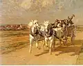 Schimmelgespann mit lustiger Bauerngesellschaft im Wagen (Greys Pulling a Cart with Happy Country People), around 1920