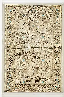 Byzantine medallions on the cover of the Melisende Psalter: Works of Mercy, 1131–1143, ivory, British Library, London[9]