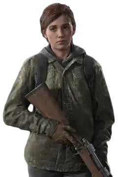 Artwork of a 19-year-old girl with brown hair. She is wearing winter clothes, holding a sniper rifle, and looking at something in front of her.