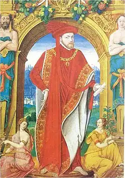 Phillip II as The grand master of the order. Codex of the Golden Fleece Order 1536. Patrimonio Nacional, Madrid, Spain.