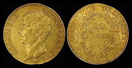 Image 6 French franc Coin: Monnaie de Paris, Republic of France; Image: National Numismatic Collection, National Museum of American History The French franc is a former currency of France and Monaco and, alongside the Spanish peseta, a former de facto currency in Andorra. The first franc was a gold coin introduced in 1360, which showed King John II of France on a richly decorated horse, earning it the name franc à cheval. A later coin, showing Charles VII on foot, under a canopy, was named the franc à pied. The decimal franc was established by the French Revolutionary Convention in 1795 as a decimal unit, and became the official currency of France in 1799. France joined the euro in 1999, and the franc was replaced by euro notes and coins in 2002. This picture shows a 20-franc coin, dated 1803. The obverse shows an image of Napoleon. See also: 1807 40-franc coin More selected pictures