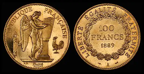 Image 1 French franc Coin credit: Monnaie de Paris; photographed by the National Numismatic Collection The French franc is a former currency of France and Monaco and, alongside the Spanish peseta, a former de facto currency in Andorra. The first franc was a gold coin introduced in 1360, which showed King John II of France on a richly decorated horse, earning it the name franc à cheval. A later coin, showing Charles VII on foot, under a canopy, was named the franc à pied. The decimal franc was established by the French Revolutionary Convention in 1795 as a decimal unit, and became the official currency of France in 1799. France joined the euro in 1999, and the franc was replaced by euro notes and coins in 2002. This picture shows a 100-franc gold coin, dated 1889, with a "winged genius" designed by Augustin Dupré on the obverse. Only a hundred proof coins of this design were minted. More selected pictures