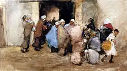 A watercolor of a group of people standing in front of a courtyard. Some are carrying pots.