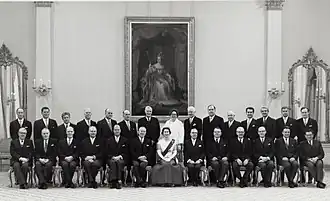 Elizabeth II, Queen of Canada, with her Cabinet, a subcommittee of the Queen's Privy Council, in Rideau Hall, 1 July 1967