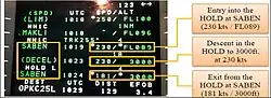 A list of text that displays entering a waypoint named "SABEN" at FL089, descending in a holding pattern, and exiting SABEN at 3000.