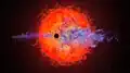 Artist's impression of AU Microscopii and planet AU Mic b, which is losing mass.