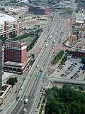 The interchange between Interstate 44 and the bridge, in the middleground