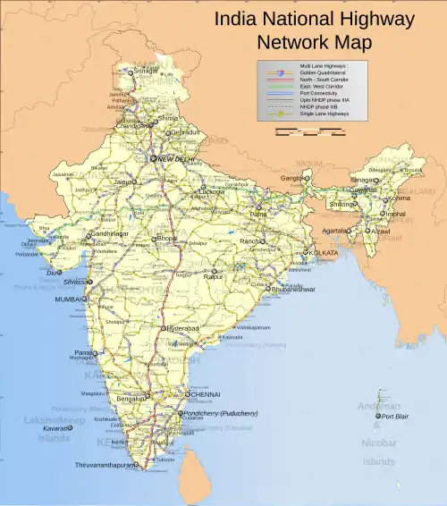 Image 12 Indian highways Map credit: PlaneMad A map of Network of National Highways in India, including NHDP projects up to phase IIIB, which is due to be completed by December 2012. The National Highways are the main long-distance roadways and constitute a total of about 58,000 km (36,250 mi), of which 4,885 km (3,053 mi) are central-separated expressways. Highways in India are around 2% of the total road network in India, but carry nearly 40% of the total road traffic. More selected pictures