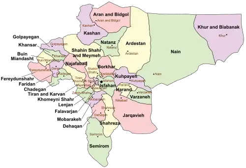 Location of Meymeh County in Isfahan province (top left, yellow)