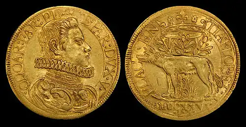 Image 12 Doubloon Coin design credit: Duchy of Parma The doubloon was a Spanish gold coin worth two escudos or 32 reales weighing 6.867 grams (0.221 troy ounces), introduced in 1537. It became the model for several other gold coins issued in Europe, including this 1626 two-doppie gold coin issued in Piacenza in northern Italy by the Duchy of Parma, depicting Odoardo Farnese, Duke of Parma, on the obverse. The coin is part of the National Numismatic Collection at the National Museum of American History. More selected pictures