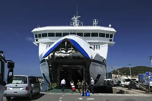The front of MT Petar Hektorović opens up, allowing cars to enter the vehicle bay.