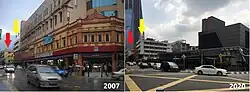 Combination of pictures showing the current Pasar Seni MRT station Entrance A in 2020 (right) and the same site in 2007 (left) where the former Uda Ocean Shopping Centre was located.