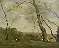 Jean-Baptiste-Camille Corot, Grands arbres dominant la berge d'une rivière, 1855.