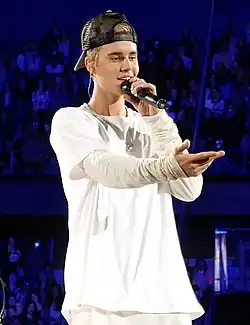Justin Bieber appears at a concert in Rosemont, Illinois in 2015