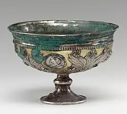 Kushano-Sasanian footed cup with medallion, 3rd-4th century AD, Bactria, Metropolitan Museum of Art.[68]