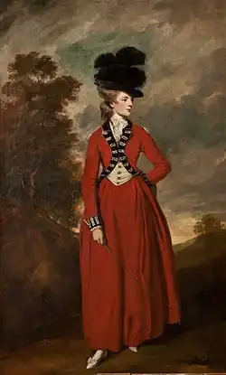 Cutaway coat, waistcoat, military details matching husband's regiment, 1779