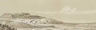 A pencil drawing of Lake Rotomahana and Lake Rotomakariri beyond, with the large flat-topped volcano of Mount Tarawa in the distance.