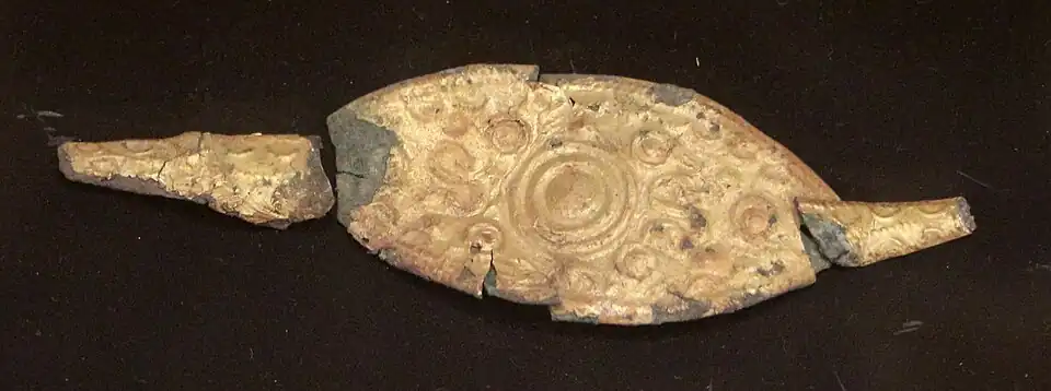 Gold plates covering fibulae, Guerruccia necropolis, tomb S1, 730-700 BC. Guarnacci Museum.