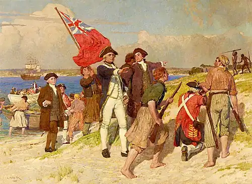 Cook and several crew members landing on a beach, where two Australian Aborigines are standing