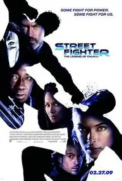 Against a white background the black silhouette of two fighters contains images of the cast