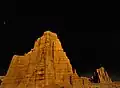 Temple of the Moon (left) illuminated by moonlight. Looking north-northwest, with Temple of the Sun to the right.
