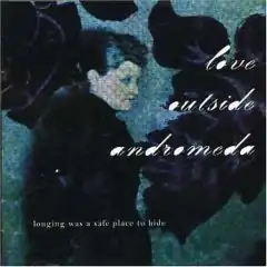 A woman is shown in upper body shot and side profile. She has dark hair and wears dark clothes. The background depicts large, purple-black flowers over green-blue dappled screen. The group's name is written in large, white coloured lower case script at middle right. The title is printed in small lower case type at bottom left.