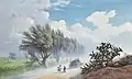 Travellers caught in the wind on a dusty track
