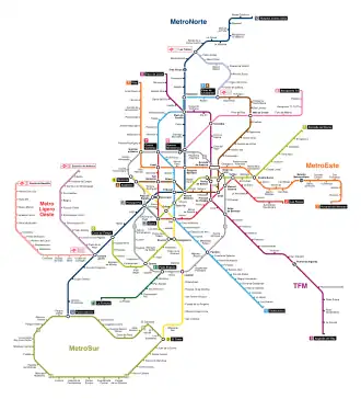Image 4 Madrid Metro Map: Javitomad The Madrid Metro is a rapid transit system serving the Spanish capital, Madrid. It was inaugurated in 1919 by King Alfonso, with a single line which ran for 3.48 km (2.16 mi) between Puerta del Sol and Cuatro Caminos, with eight stops. The present system has 301 stations on 13 lines plus one branch line, totalling 294 km (183 mi). More selected pictures