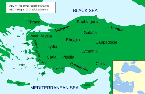 A color map of Anatolia, with its various regions marked with black text