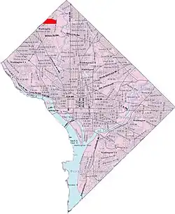 Map of Washington, D.C., with Barnaby Woods highlighted in red