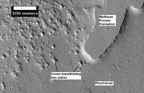 Plateau made up of Medusae Fossae materials and rootless cones, as seen by HiRISE.
